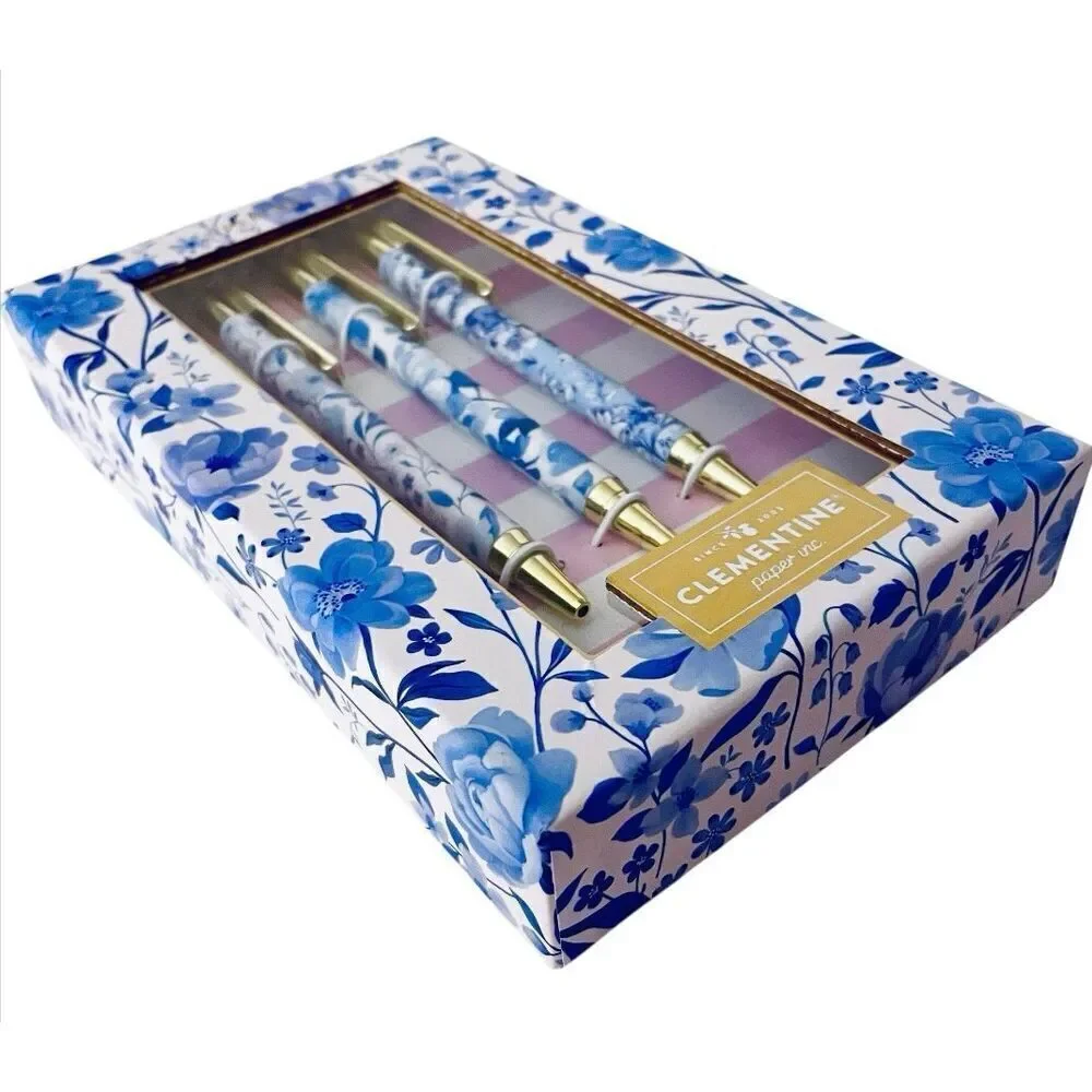 NWT Gorgeous Clementine set of 3 Floral Blue & Gold Pens with Black Ink Gift Set